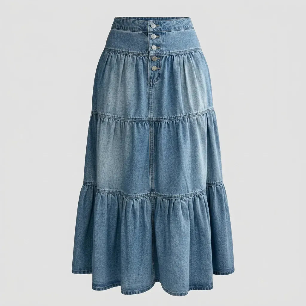 High Waisted Tiered Denim Skirt with Buttons Blue 3