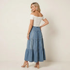 High Waisted Tiered Denim Skirt with Buttons Blue 4
