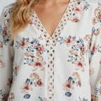 V Neck Floral Blouse With Crochet Trim