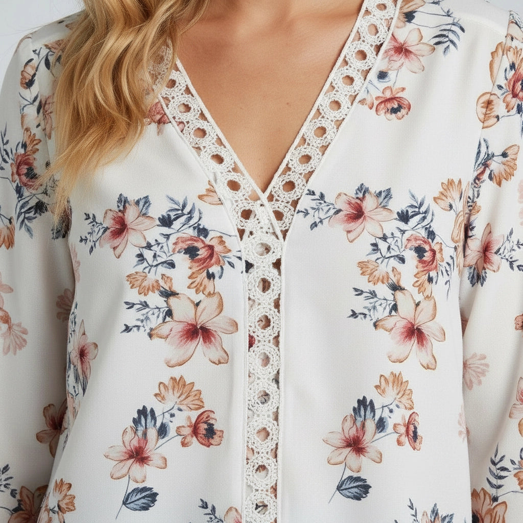 V Neck Floral Blouse With Crochet Trim
