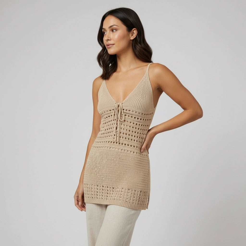 Women's V-Neck Crochet Tunic Top