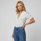 Women’s Short Puff Sleeve V-Neck Blouse with Wide Collar