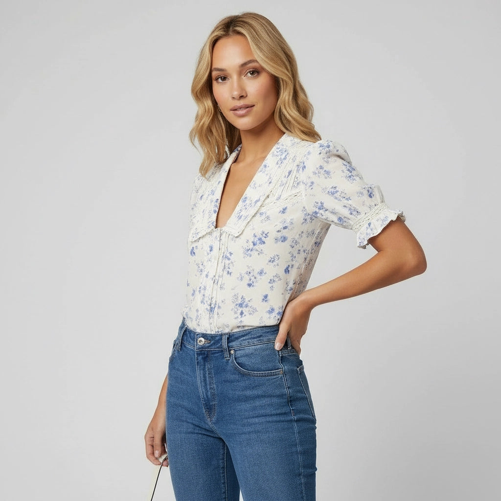 Women’s Short Puff Sleeve V-Neck Blouse with Wide Collar
