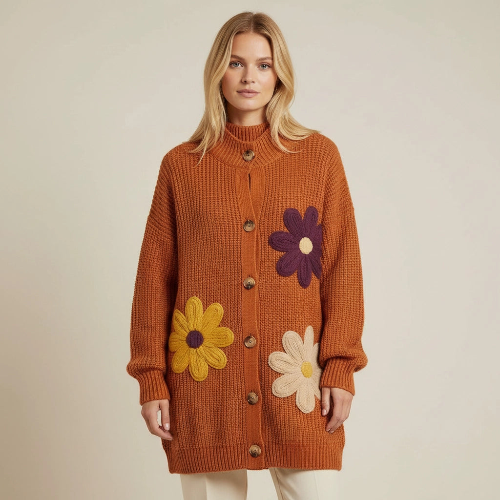 Longline Relaxed Fit Cardigan with Flower Appliqué