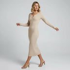 Ribbed Bodycon Midi Dress with Button Detail