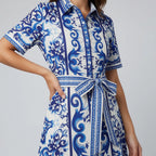 A-Line Belted Midi Shirt Dress With Short Sleeves