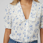Women’s Short Puff Sleeve V-Neck Blouse with Wide Collar