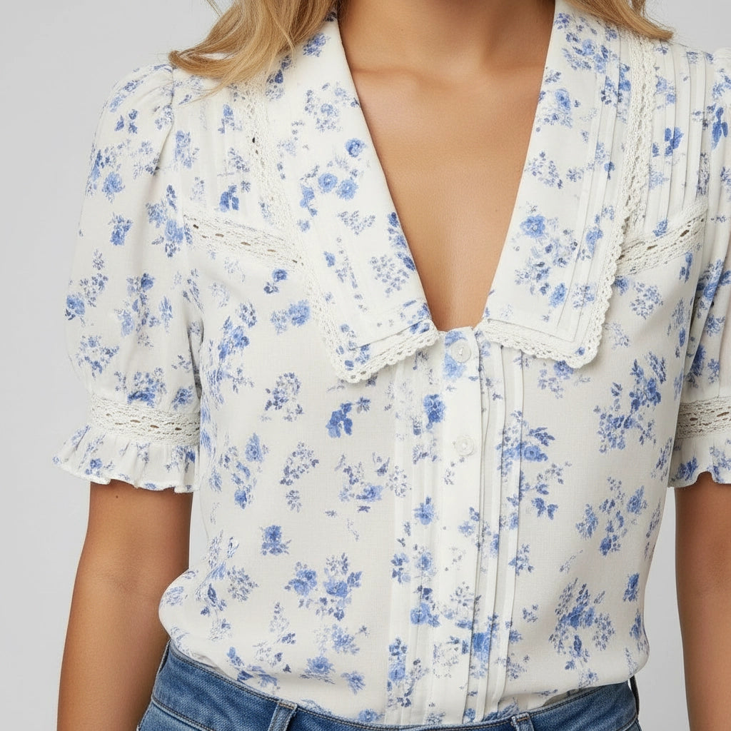 Women’s Short Puff Sleeve V-Neck Blouse with Wide Collar
