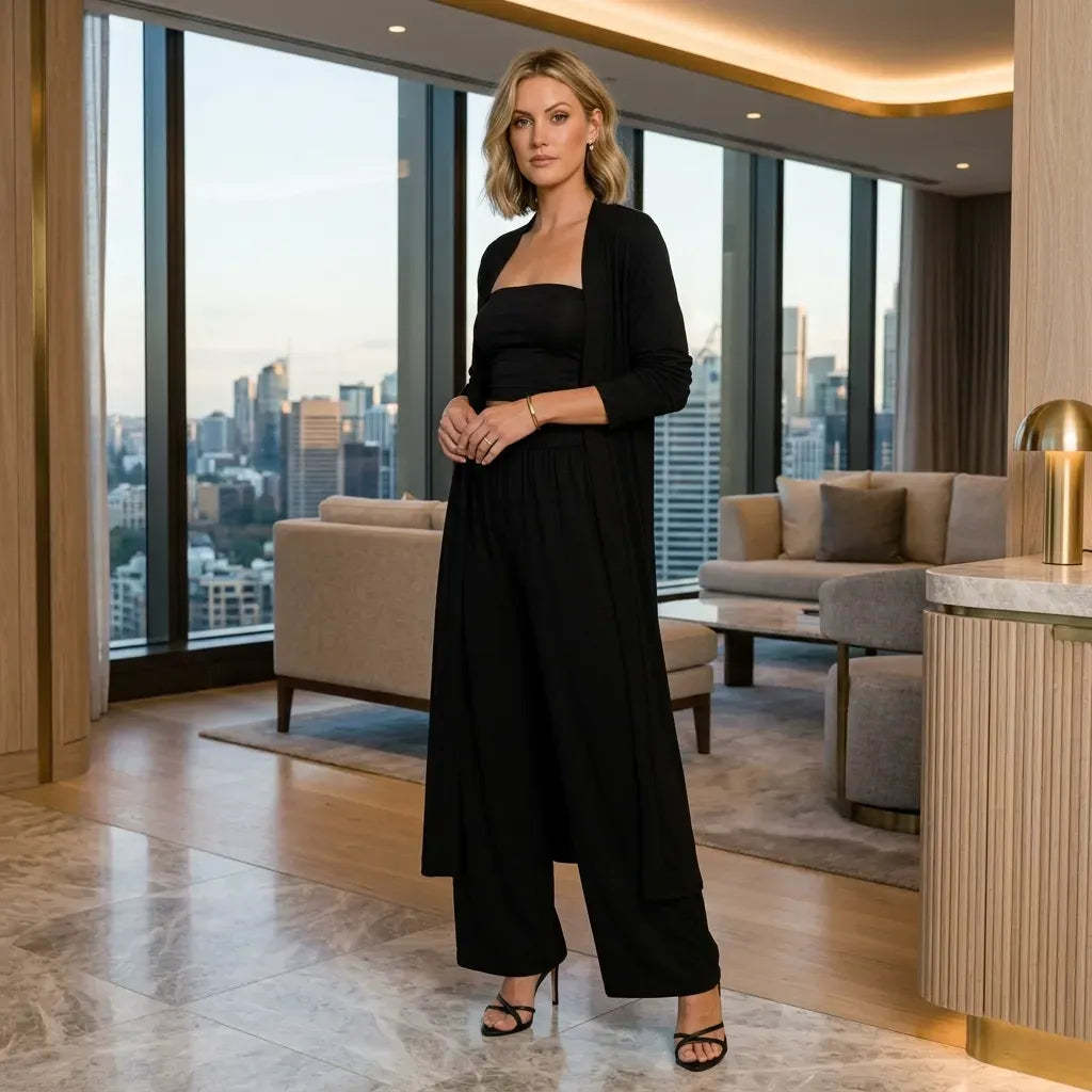 Knit Co ord Set 3 Piece Wide Leg Black 1