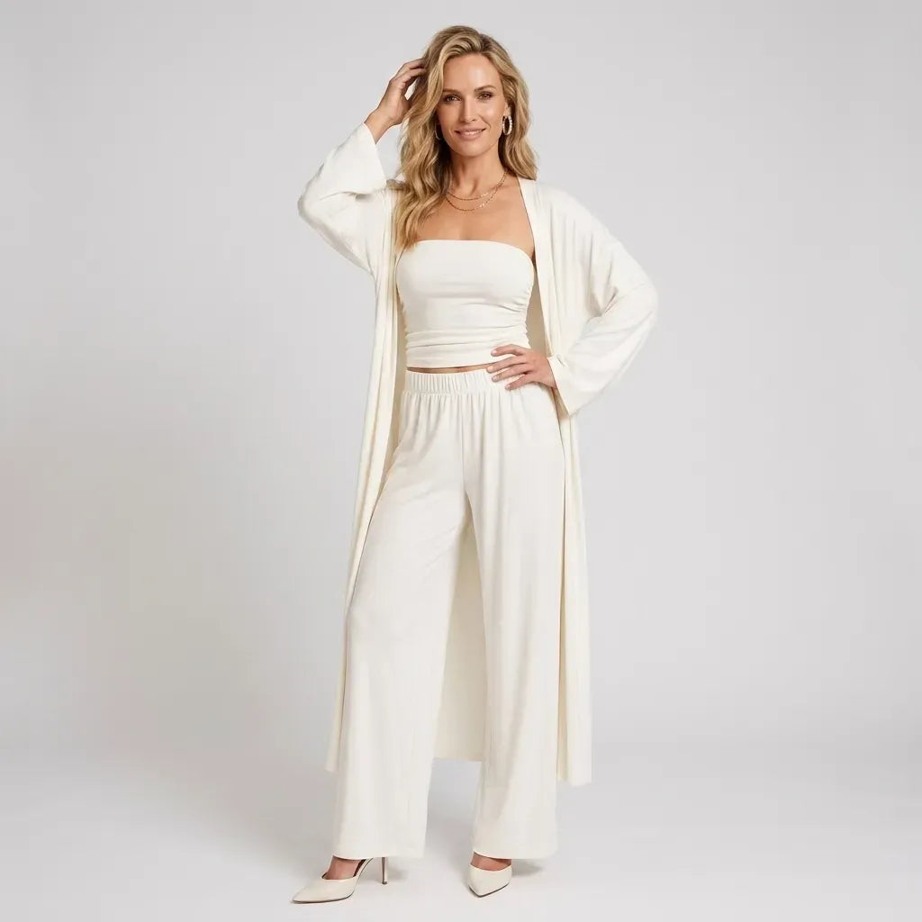 Knit Co ord Set 3 Piece Wide Leg White 2