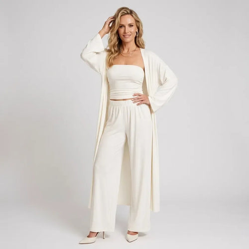 Knit Co ord Set 3 Piece Wide Leg White 2