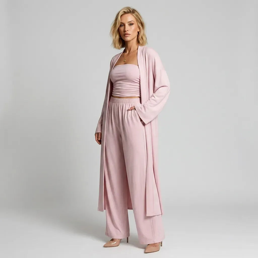 Knit Co ord Set 3 Piece Wide Leg Pink 4