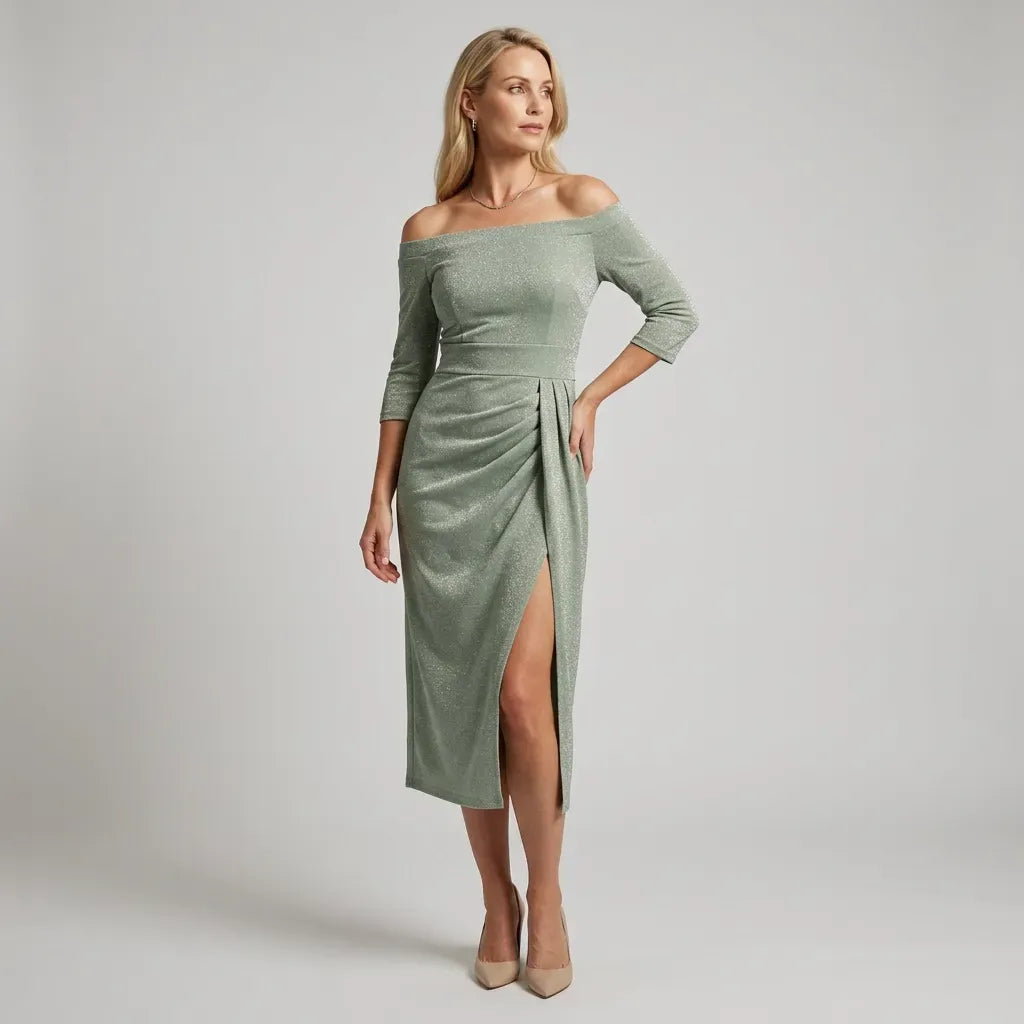 Knit Long Sleeve Dress Off-Shoulder Midi Mint 4