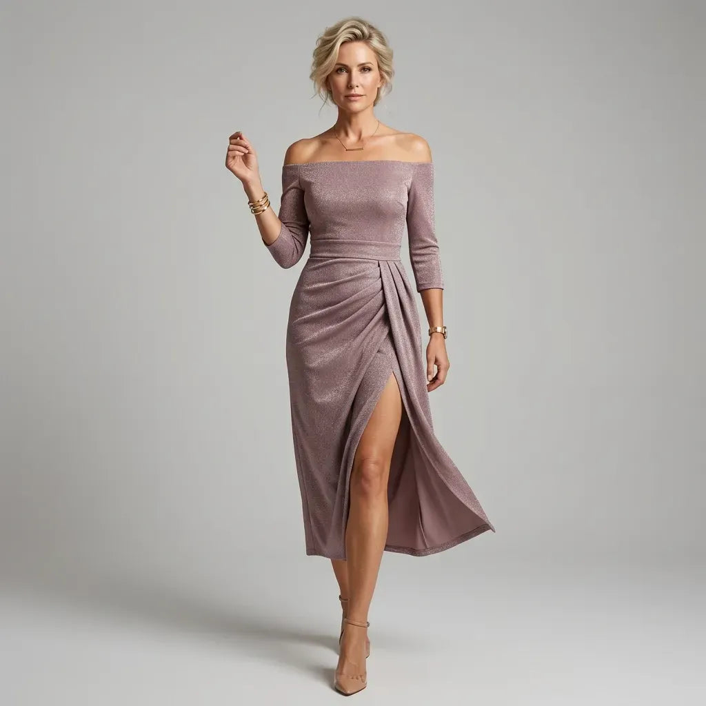 Knit Long Sleeve Dress Off-Shoulder Midi Lilac 5