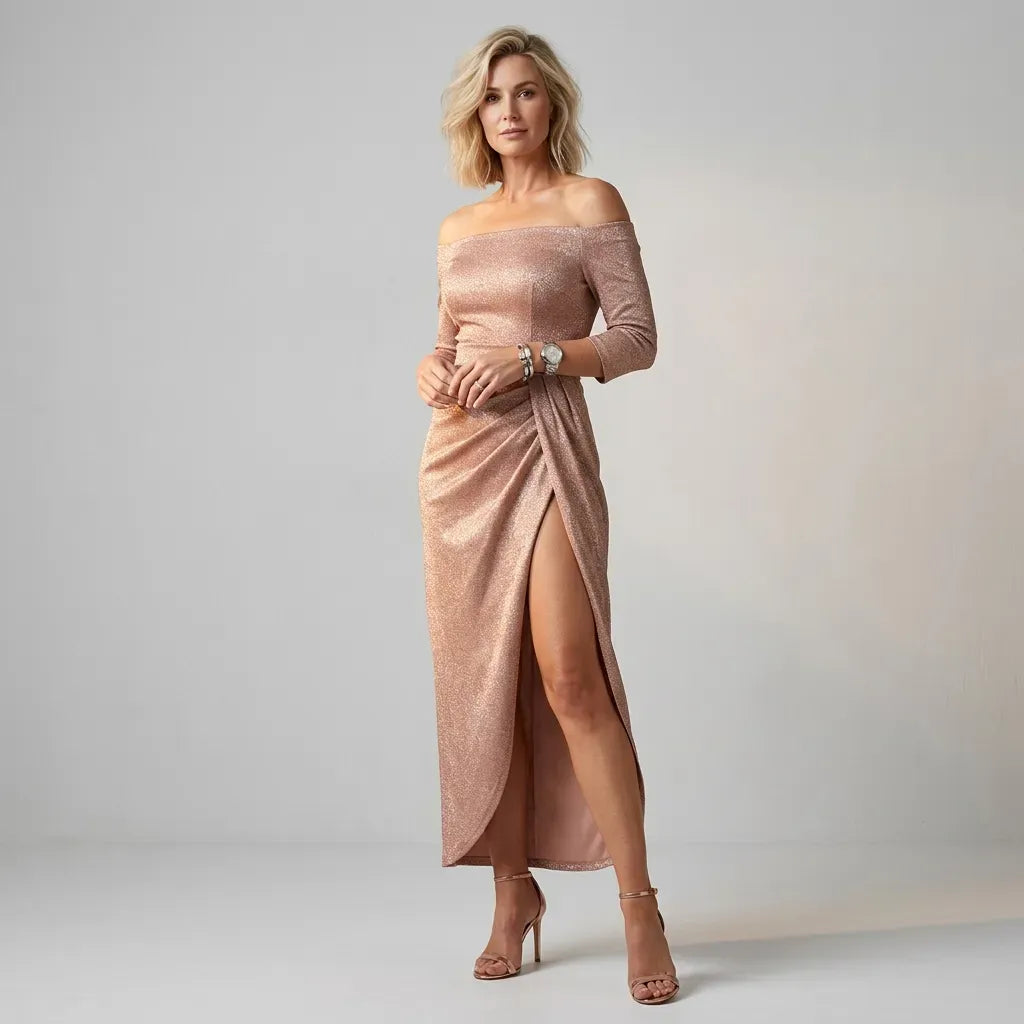 Knit Long Sleeve Dress Off-Shoulder Midi Pink 6