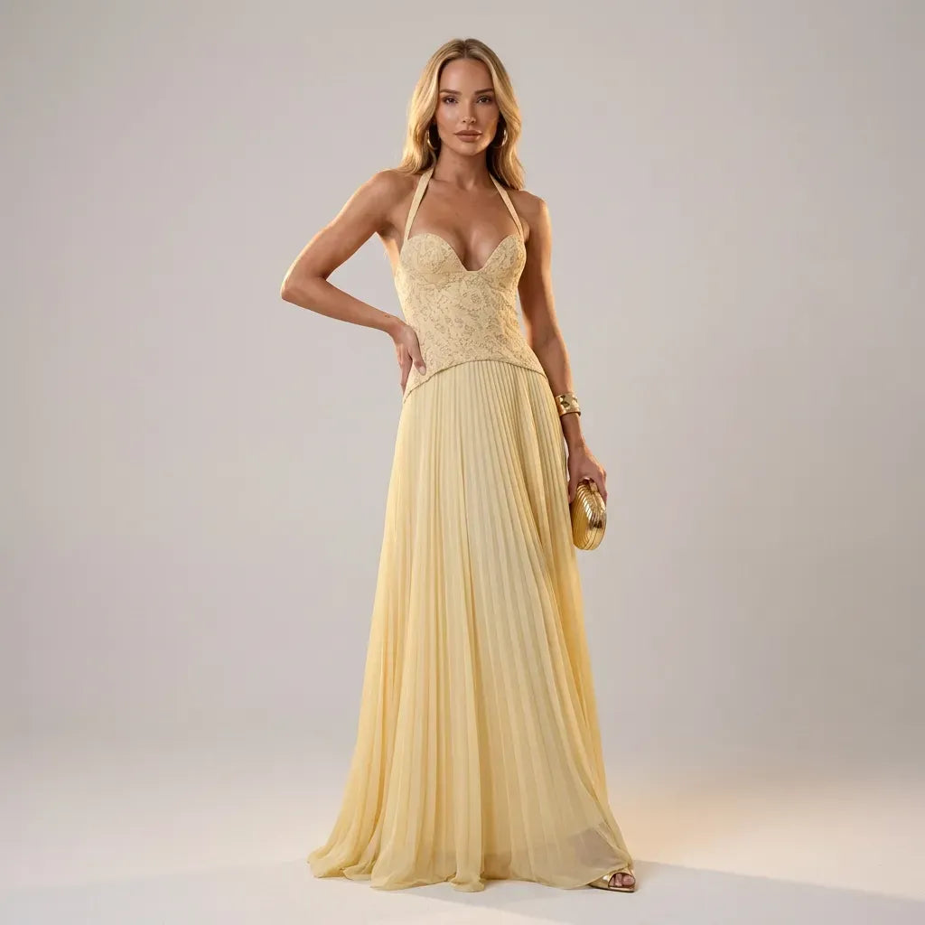Lace A-Line Corset Dress Formal Yellow 4