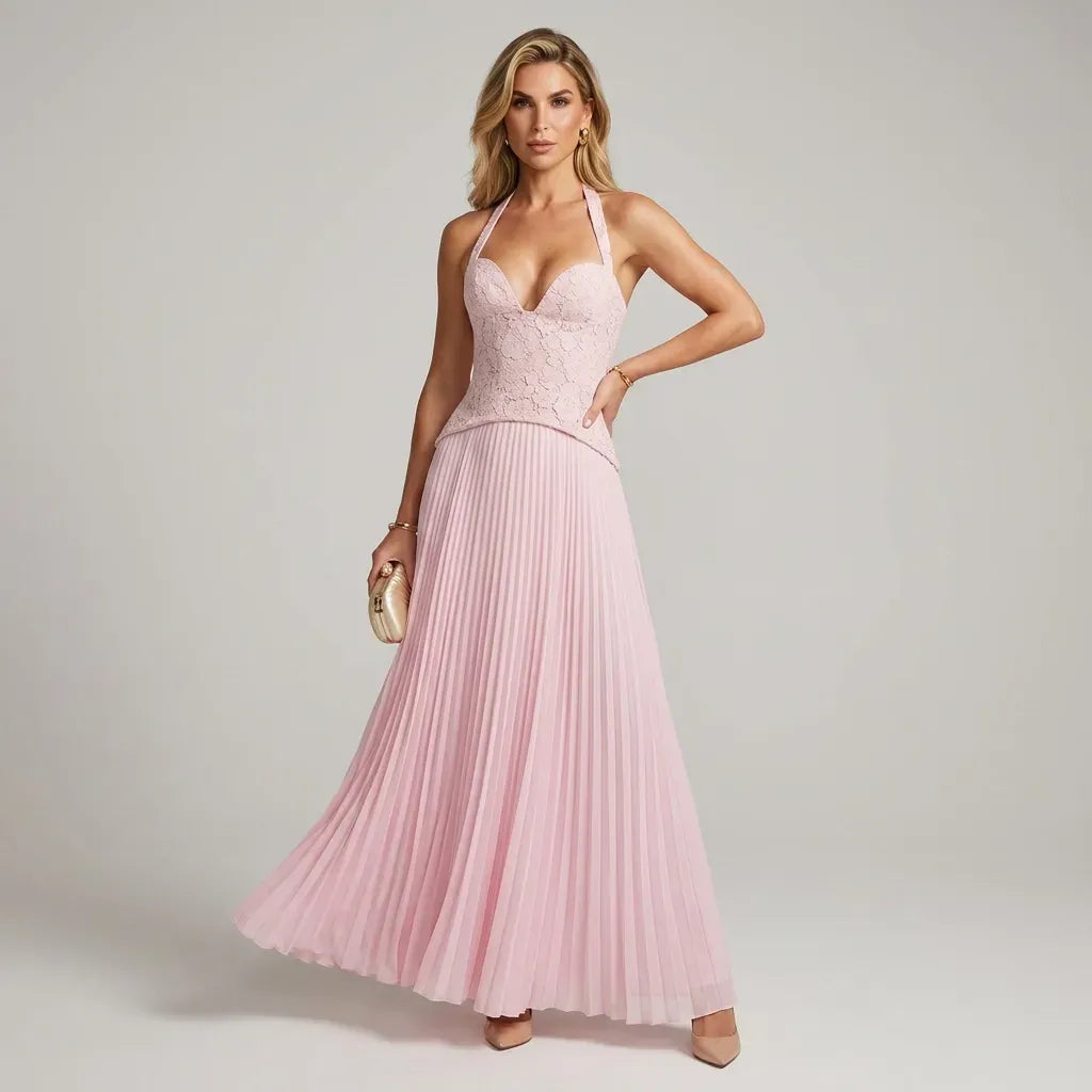 Lace A-Line Corset Dress Formal Pink 7
