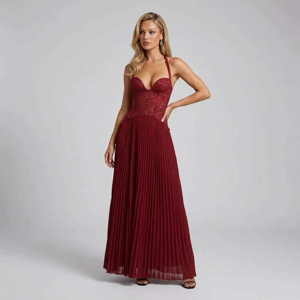 Lace A-Line Corset Dress Formal Red 8