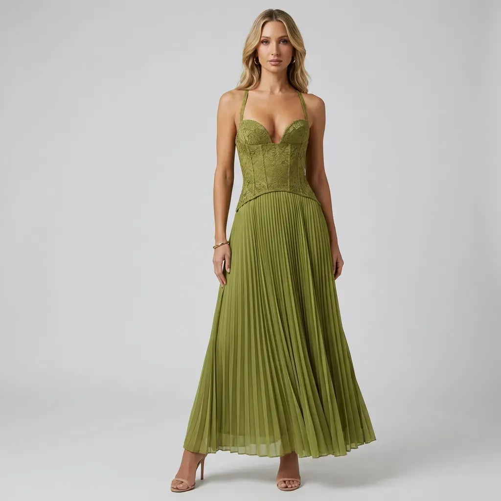 Lace A-Line Corset Dress Formal Green 9