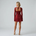 Lace A-Line Long Sleeve Dress with Tie Front Red 3