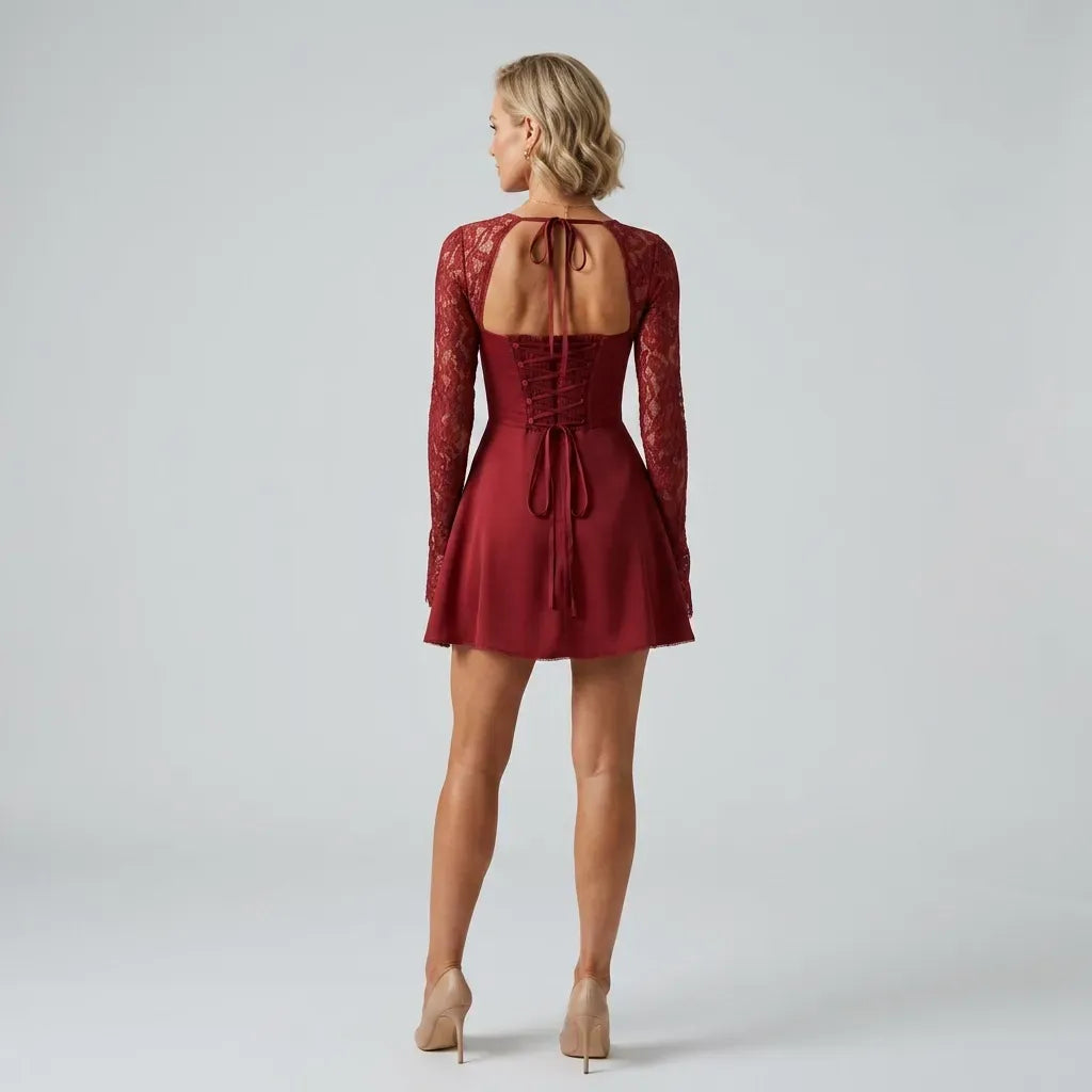 Lace A-Line Long Sleeve Dress with Tie Front Red 3