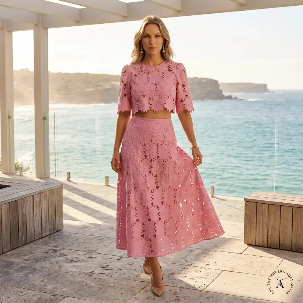 Lace A-Line Top and Skirt Set with Sleeves Pink 2