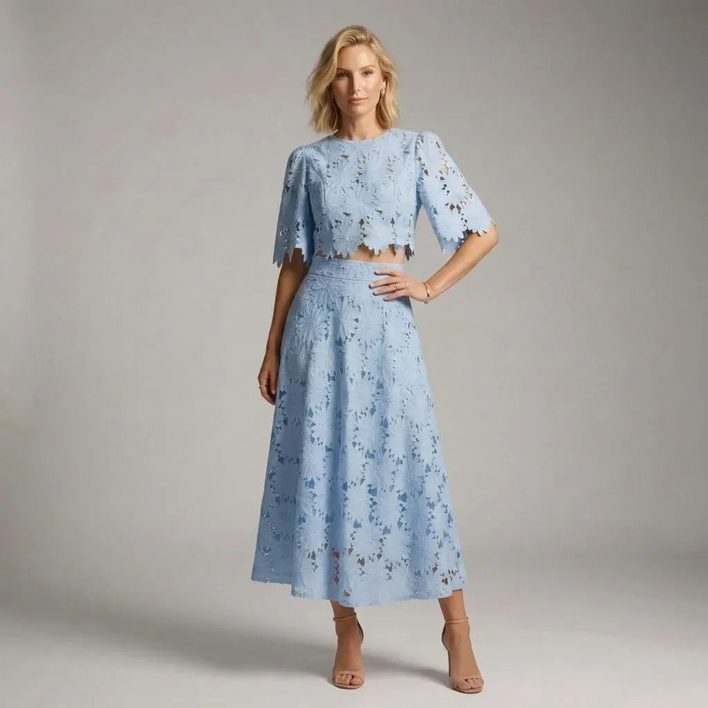Lace A-Line Top and Skirt Set with Sleeves Blue 3