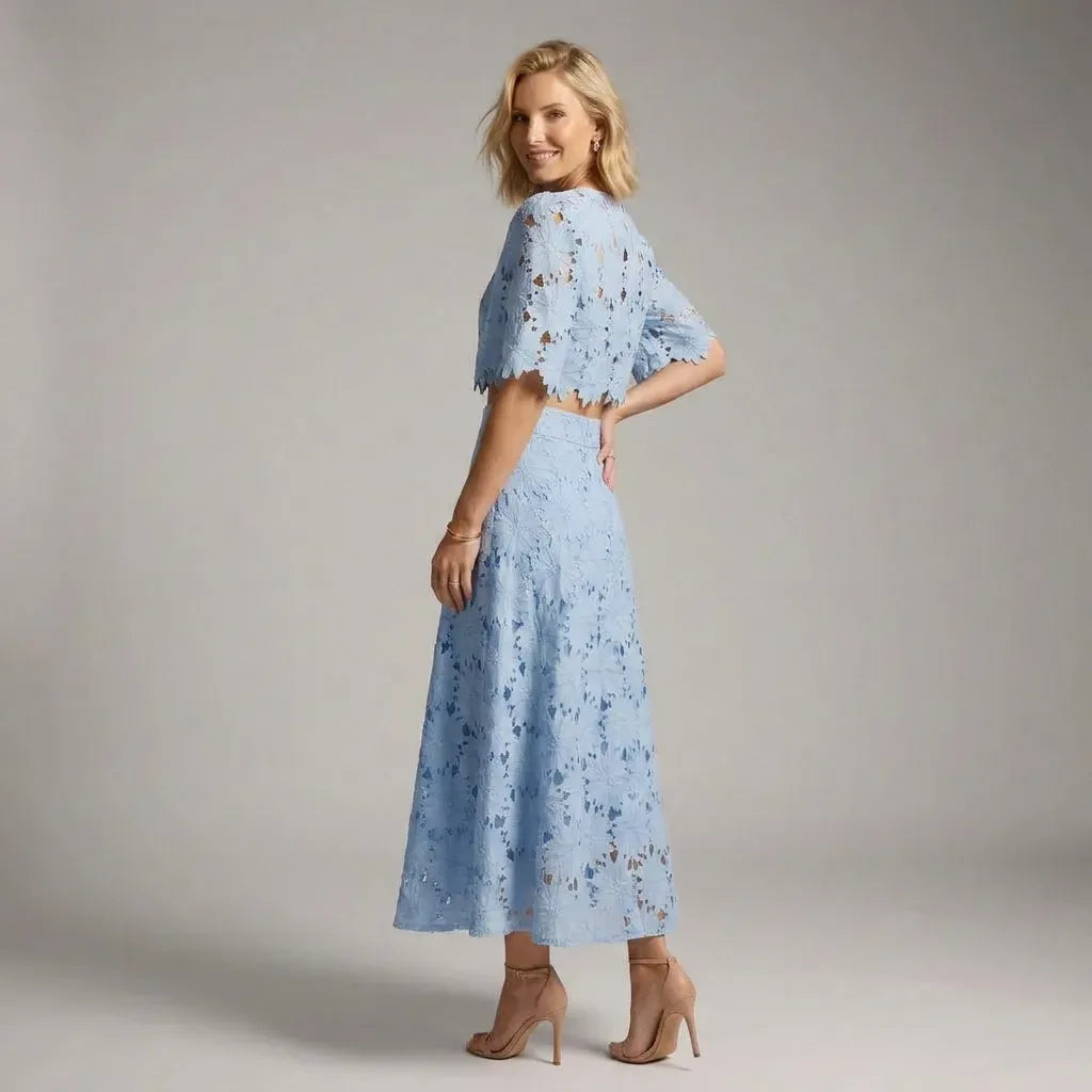 Lace A-Line Top and Skirt Set with Sleeves Blue 4