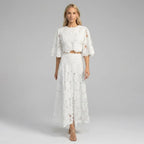 Lace A-Line Top and Skirt Set with Sleeves White 5