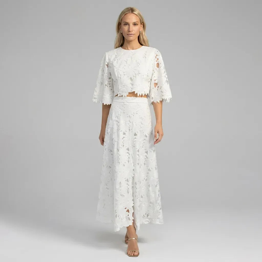 Lace A-Line Top and Skirt Set with Sleeves White 5