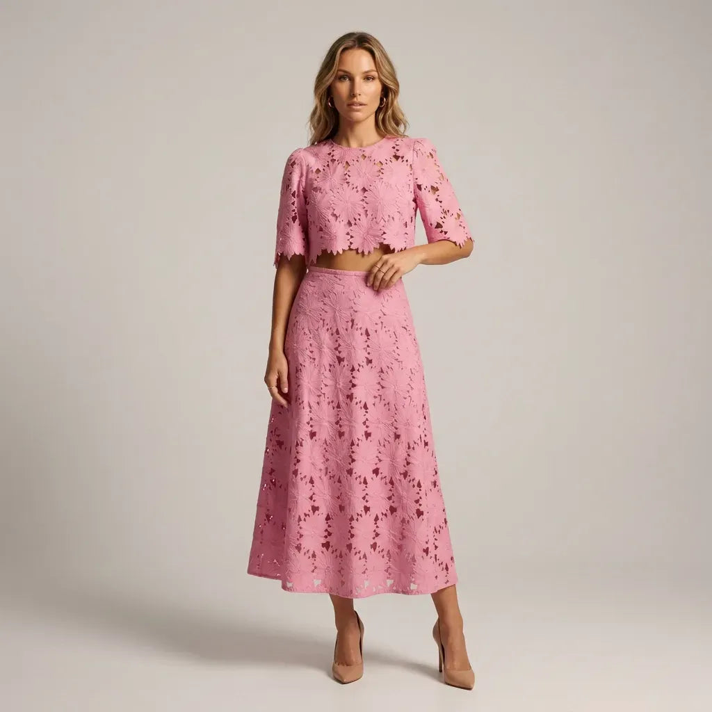 Lace A-Line Top and Skirt Set with Sleeves Pink 6