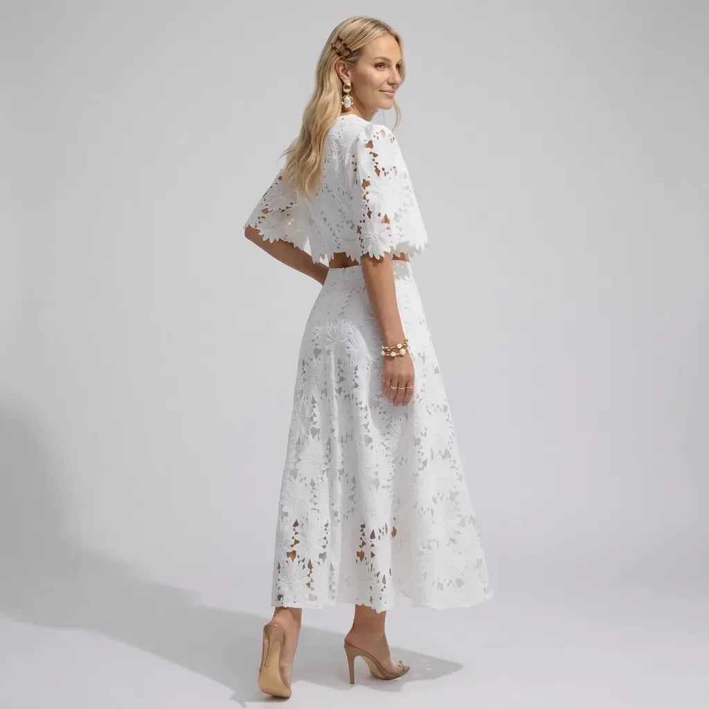 Lace A-Line Top and Skirt Set with Sleeves White 7