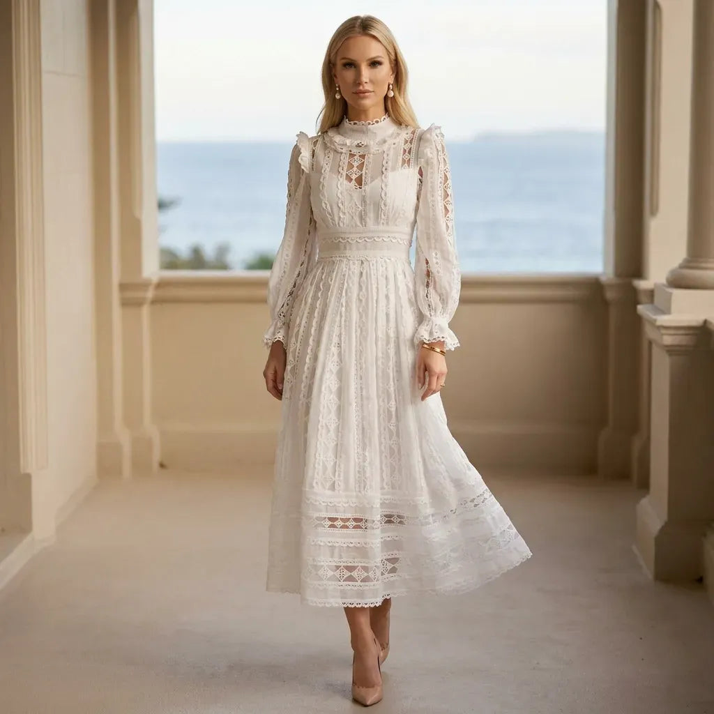 Lace Maxi Dress with Long Sleeves and Ruffle Split White 1