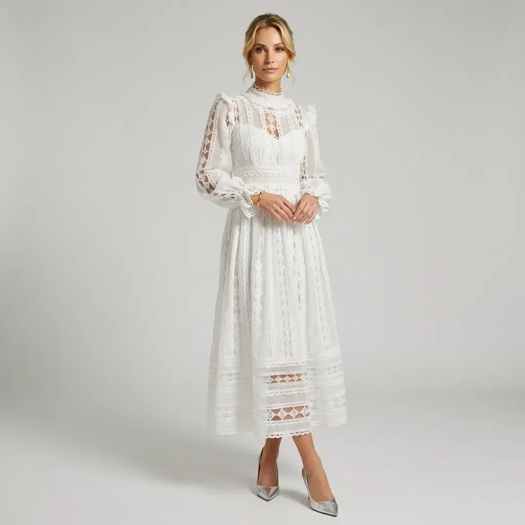 Lace Maxi Dress with Long Sleeves and Ruffle Split White 3
