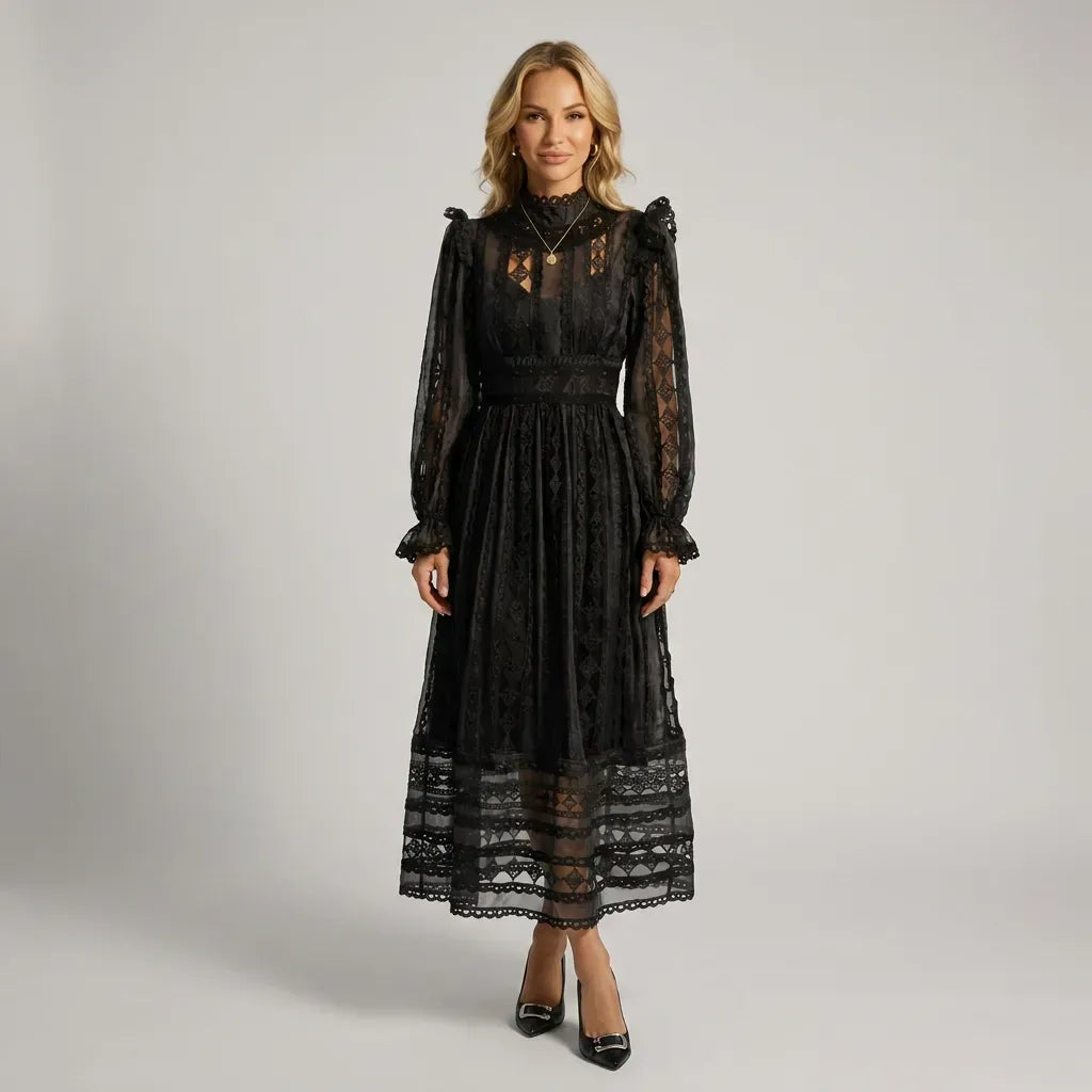 Lace Maxi Dress with Long Sleeves and Ruffle Split Black 4