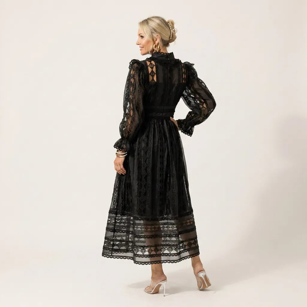 Lace Maxi Dress with Long Sleeves and Ruffle Split Black 6