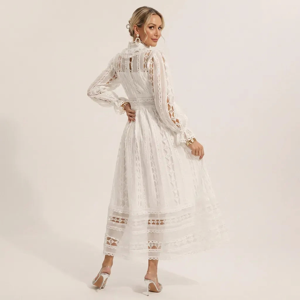 Lace Maxi Dress with Long Sleeves and Ruffle Split White 7