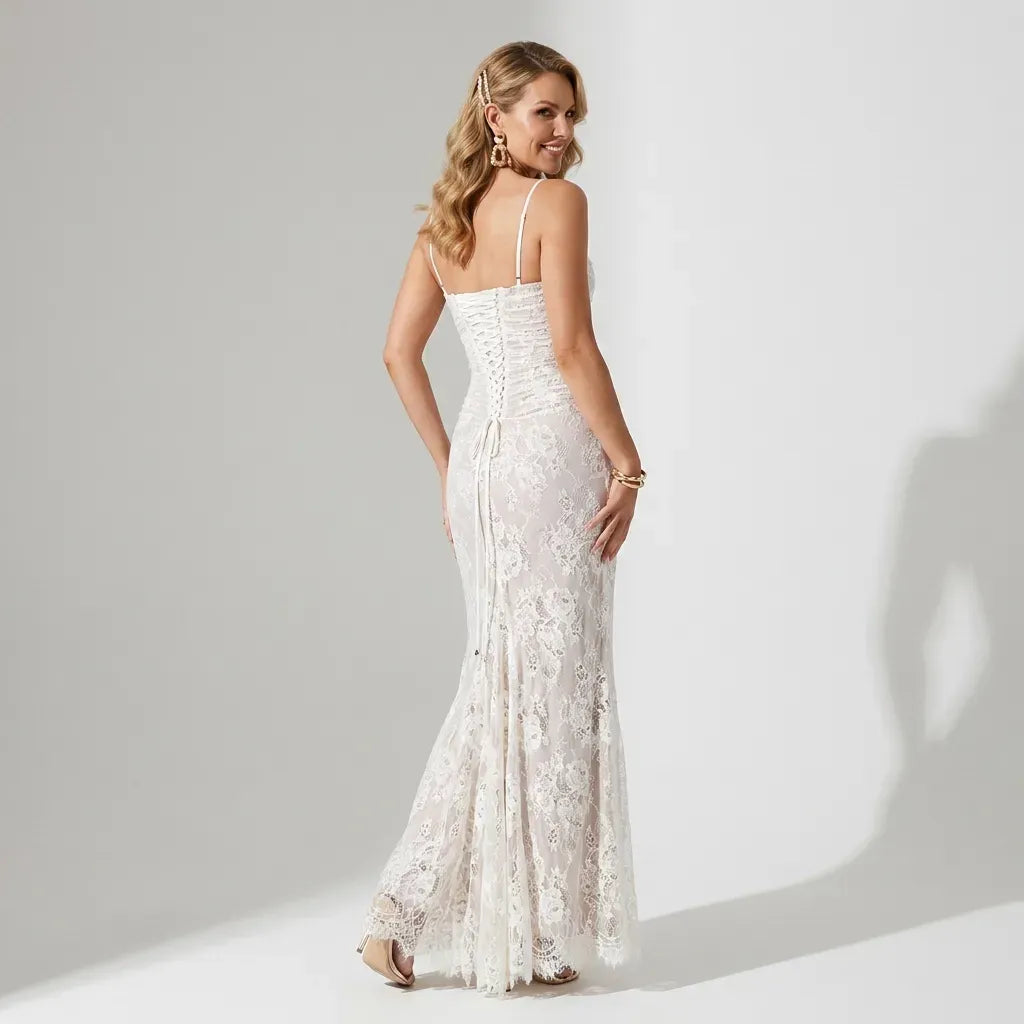 Lace Square Neck Slip Maxi Dress White 2
