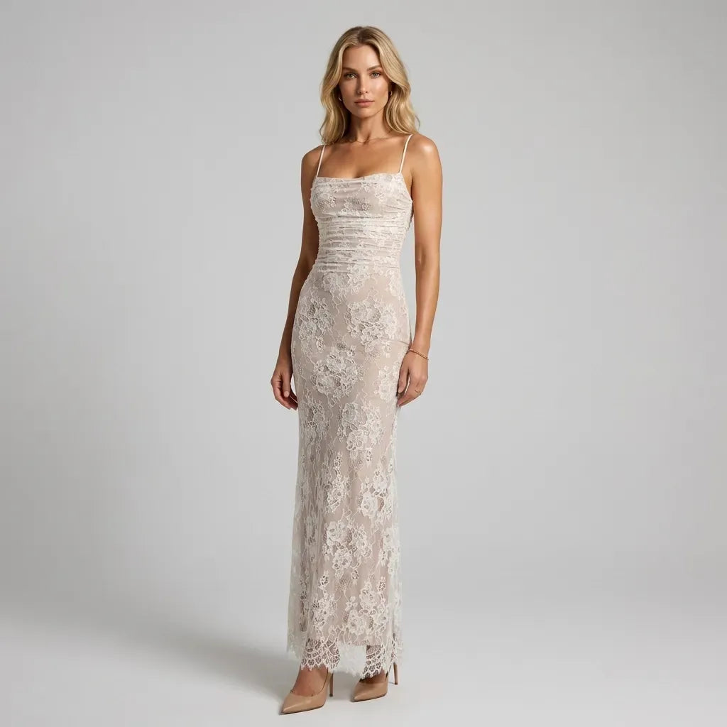 Lace Square Neck Slip Maxi Dress White 4