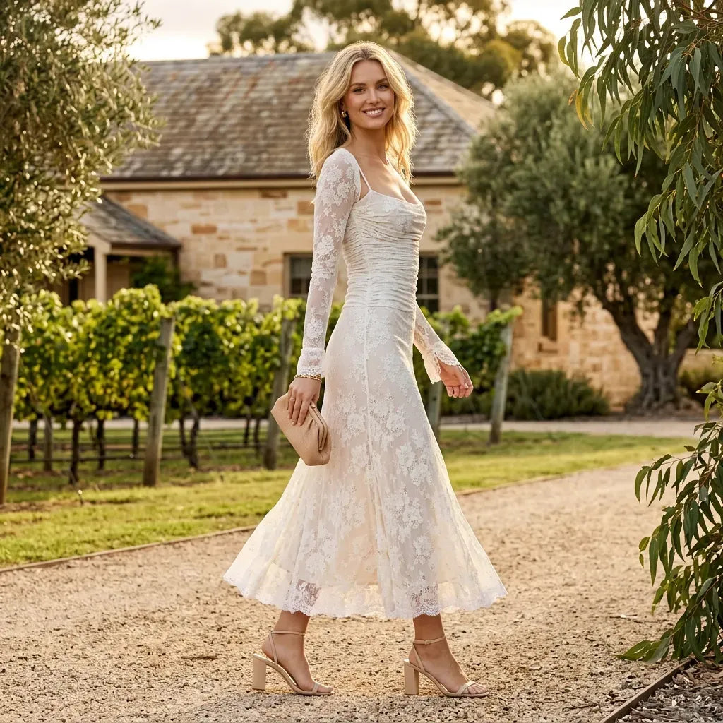 Lace Trumpet Maxi Wedding Guest Dress White 2