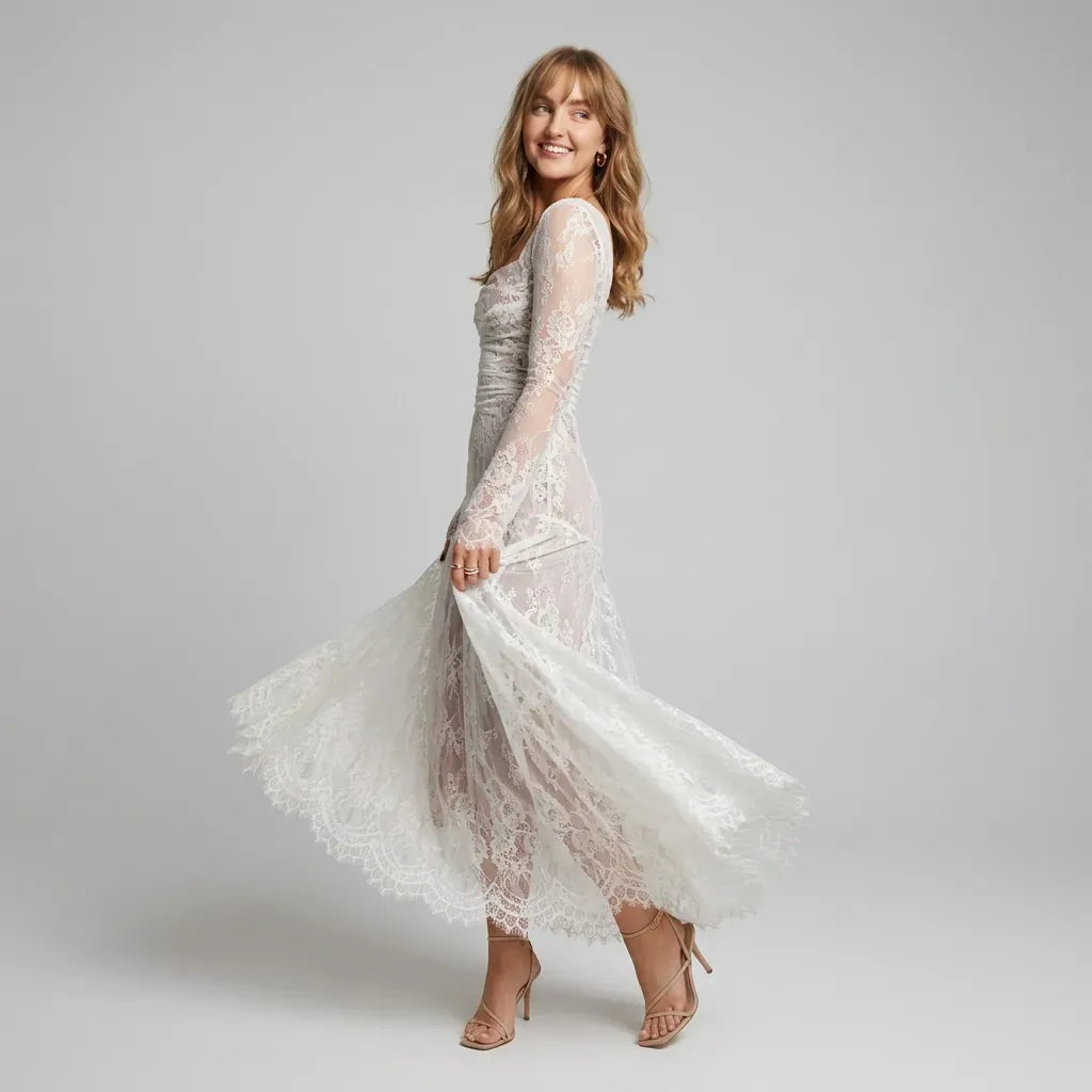 Lace Trumpet Maxi Wedding Guest Dress White 4