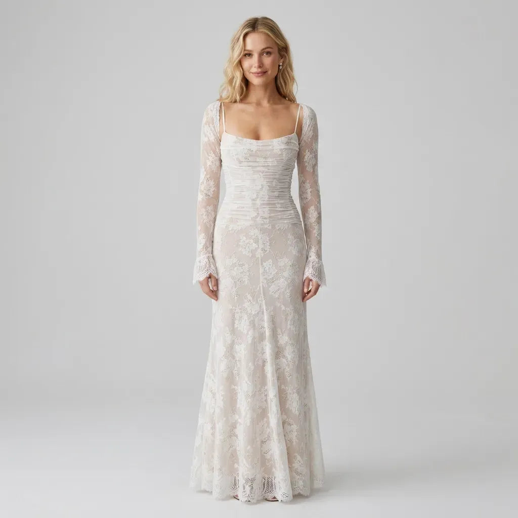 Lace Trumpet Maxi Wedding Guest Dress White 6