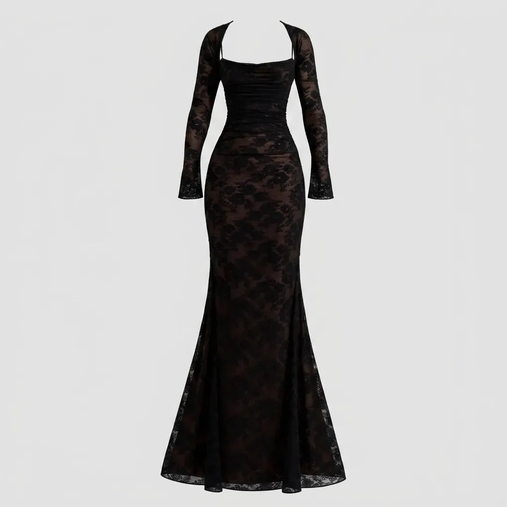  Lace Trumpet Maxi Wedding Guest Dress Black 8