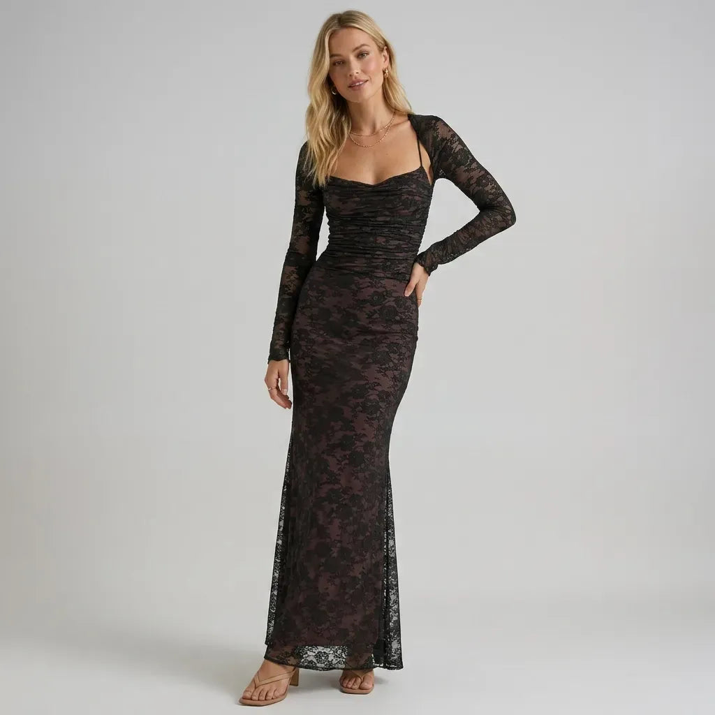  Lace Trumpet Maxi Wedding Guest Dress Black 9