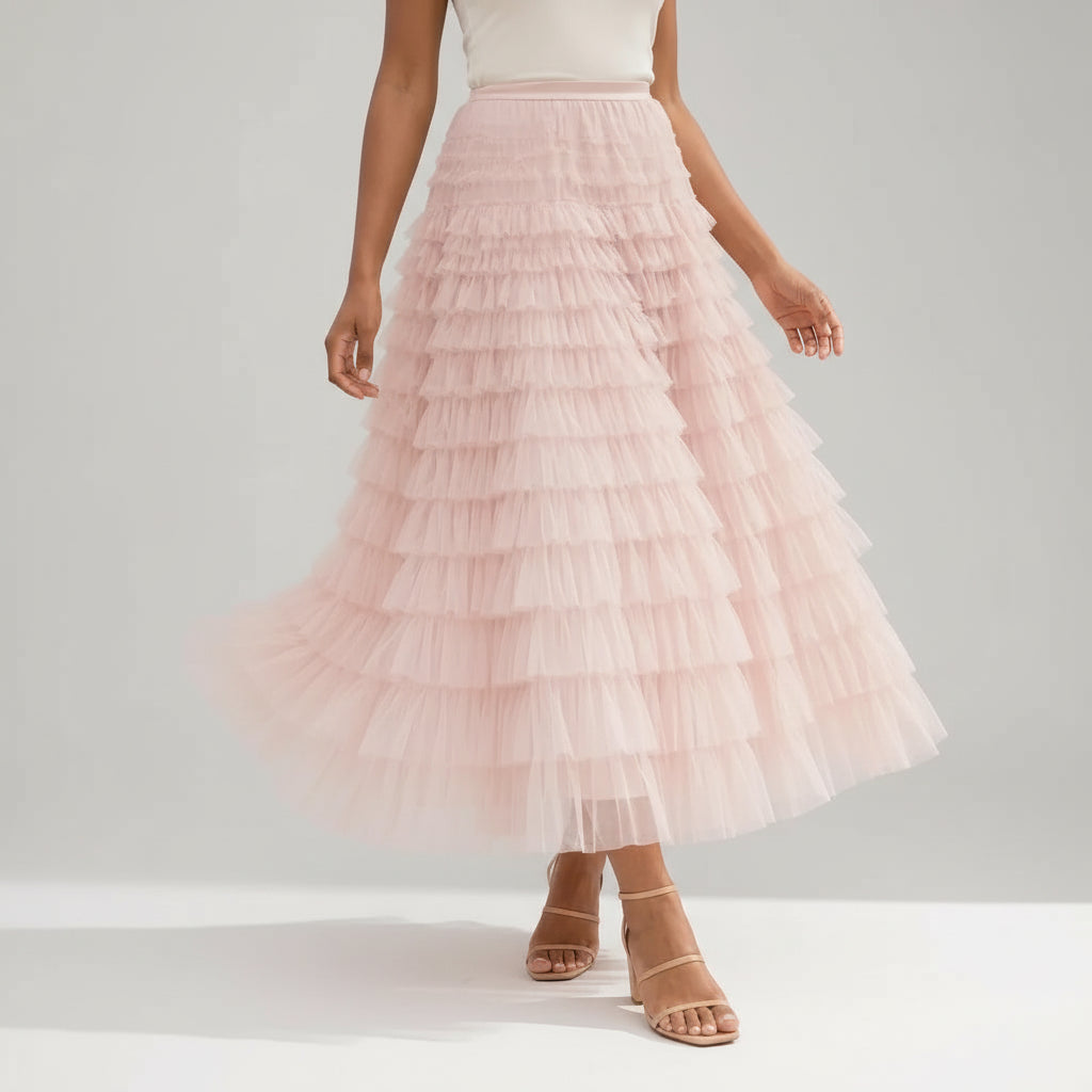 Layered Tulle Skirt with Elastic Waist for Party Pink 1