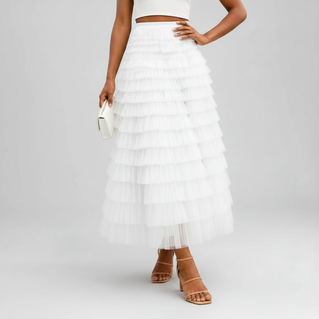 Layered Tulle Skirt with Elastic Waist for Party White 2