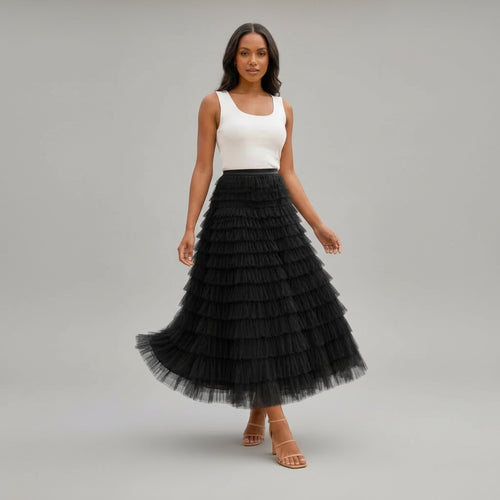 Layered Tulle Skirt with Elastic Waist for Party Black 4