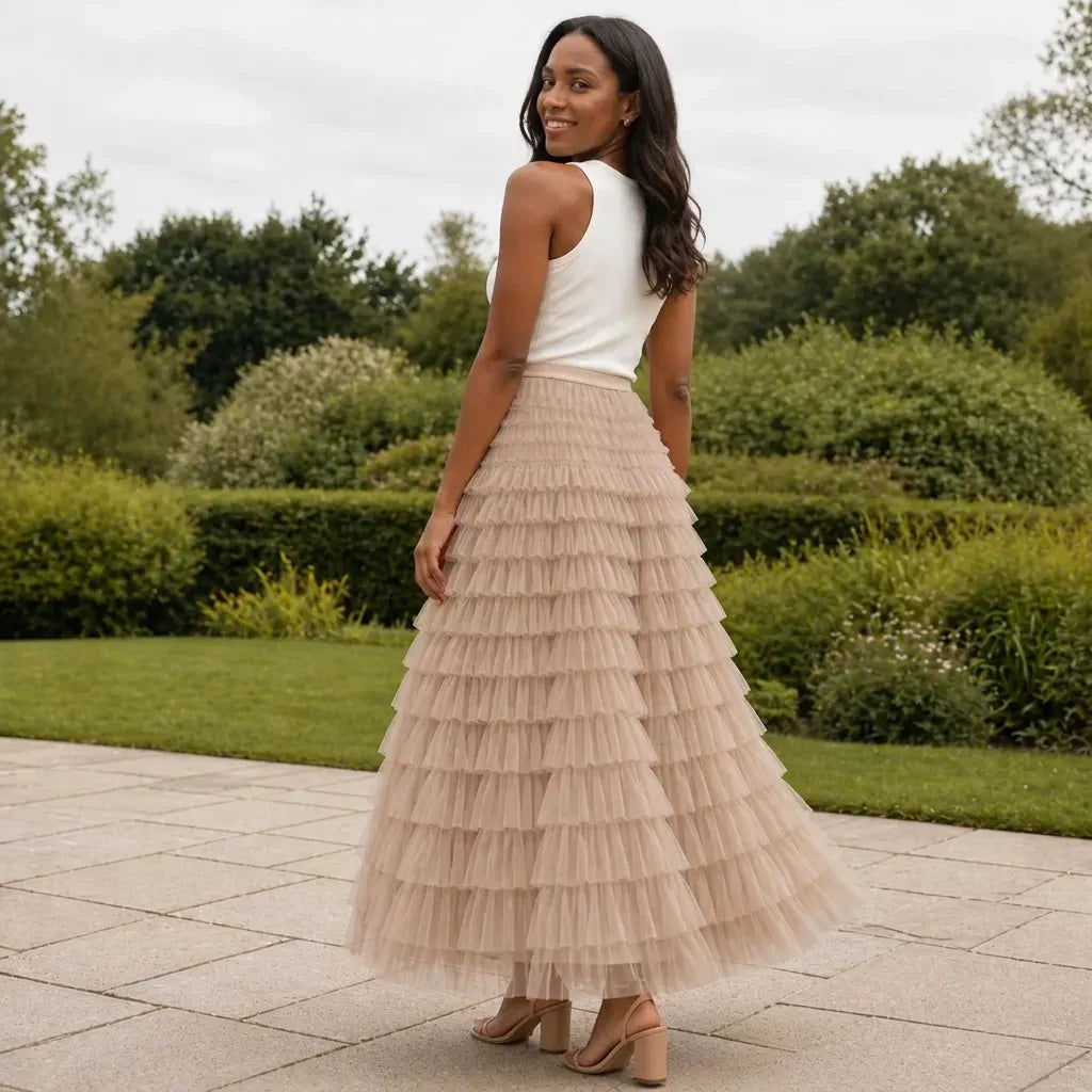 Layered Tulle Skirt with Elastic Waist for Party Khaki 5