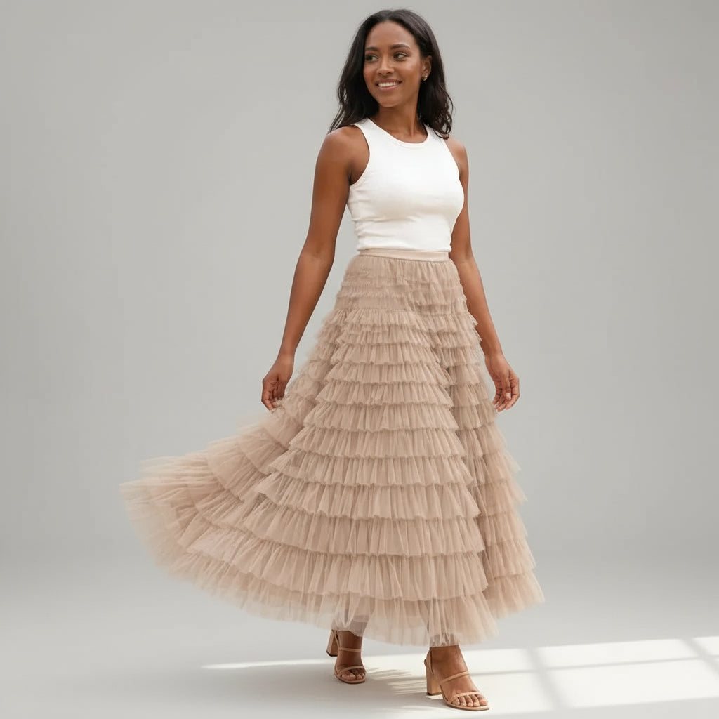 Layered Tulle Skirt with Elastic Waist for Party Khaki 6