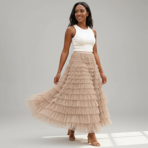 Layered Tulle Skirt with Elastic Waist for Party Khaki 6